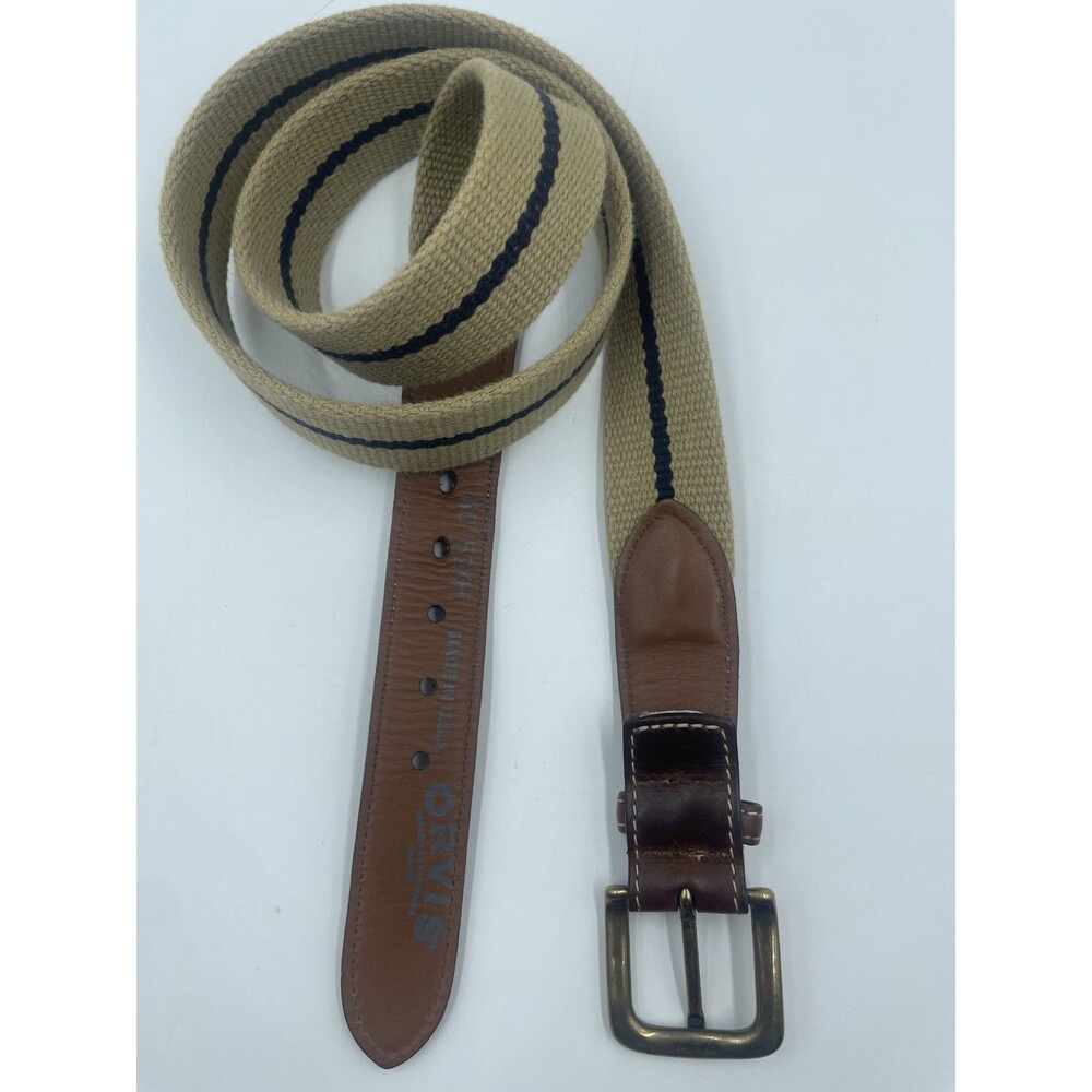 *Orvis* Mens Belt Brown Leather~Canvas~blue Strip Braided Woven 52XH USA Size 40